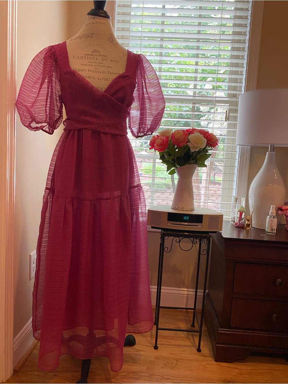 Free People Fuchsia Puff-Sleeve Maxi Dress